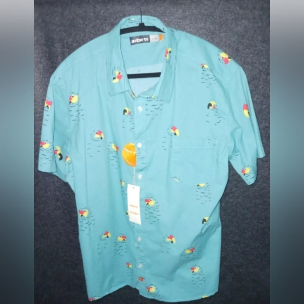 Ambsn Men’s Short Sleeve Button Down 100% Cotton Shirt Size Large Parrots‎ Print